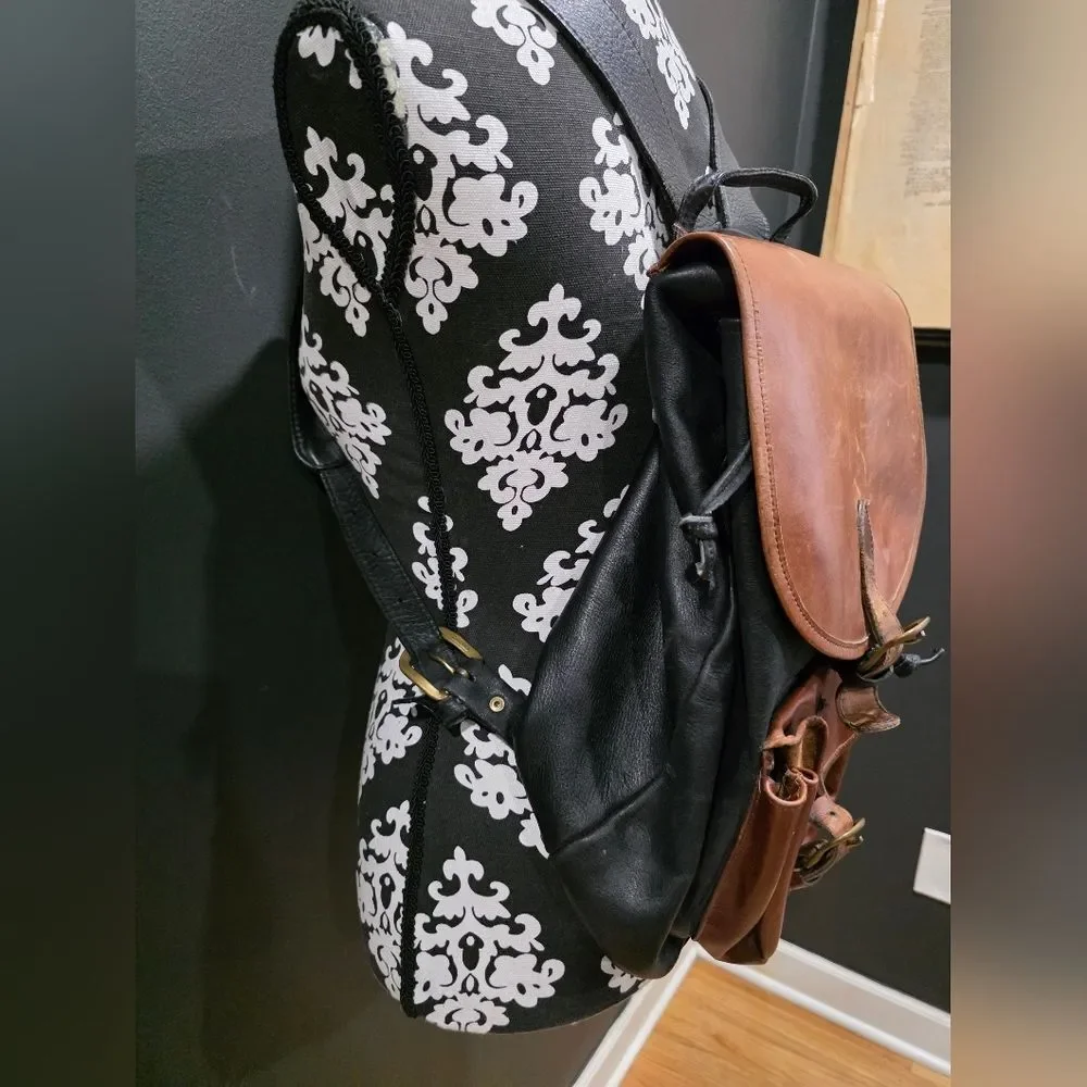 Two Tone Brown and Black Leather Full Size Buckle Closure Backpack 16x14